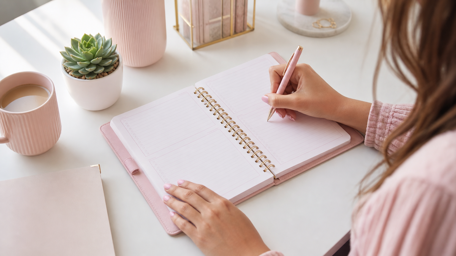 手帳にダイエット目標を書き込む女性・ピンクのペンとノート