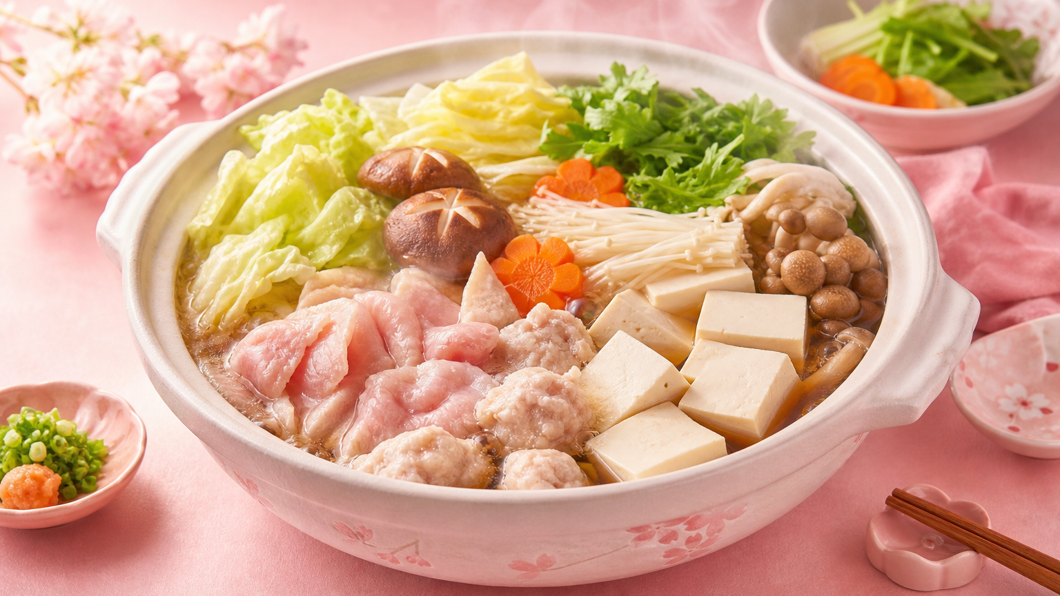 ダイエット向けの野菜たっぷり鍋料理とピンクのテーブルコーディネート