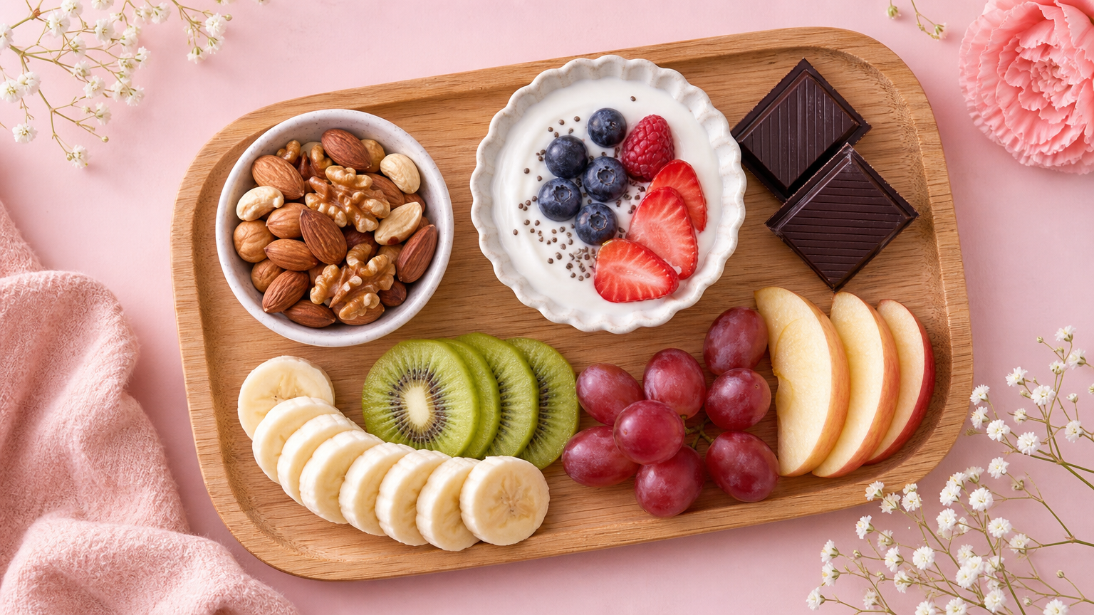 ダイエット中におすすめの間食が並んだおしゃれな木のトレー