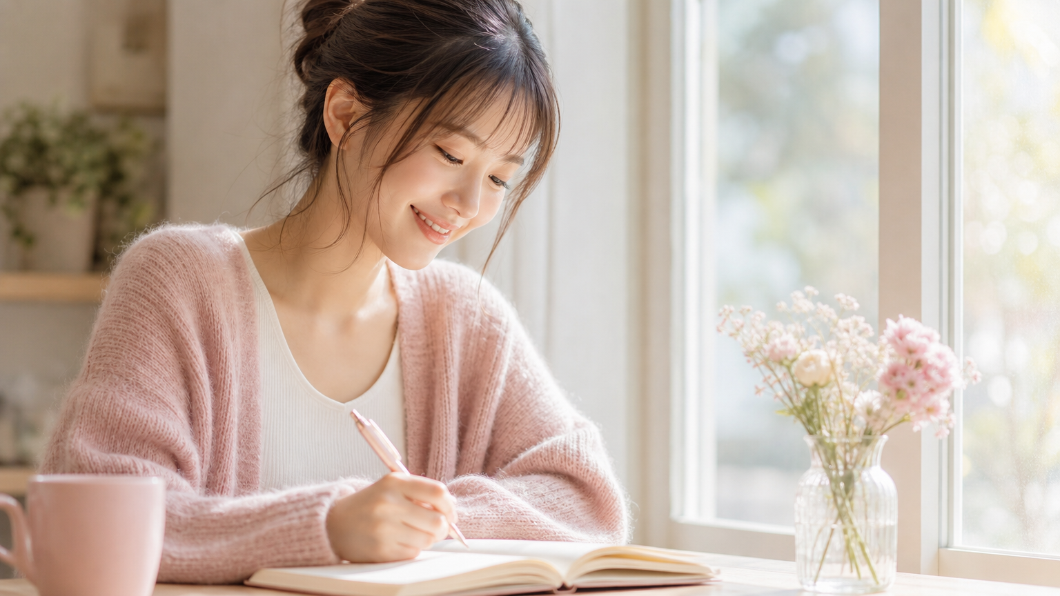 窓辺でノートを開きながら穏やかに微笑む女性