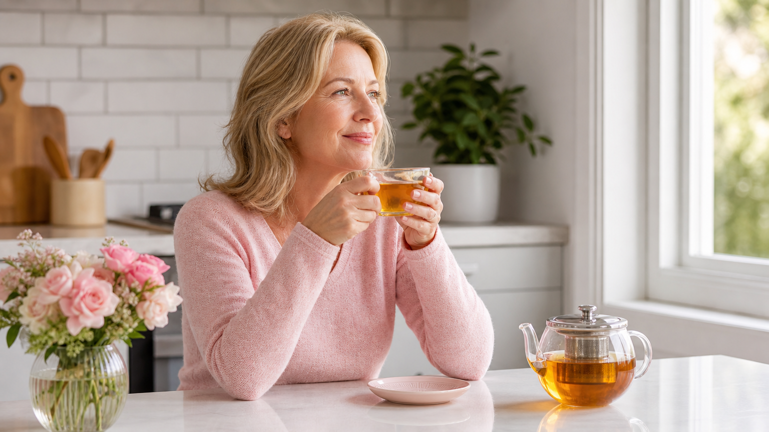 禁酒ダイエットに取り組む50代女性がハーブティーを飲んでいる穏やかな朝のシーン