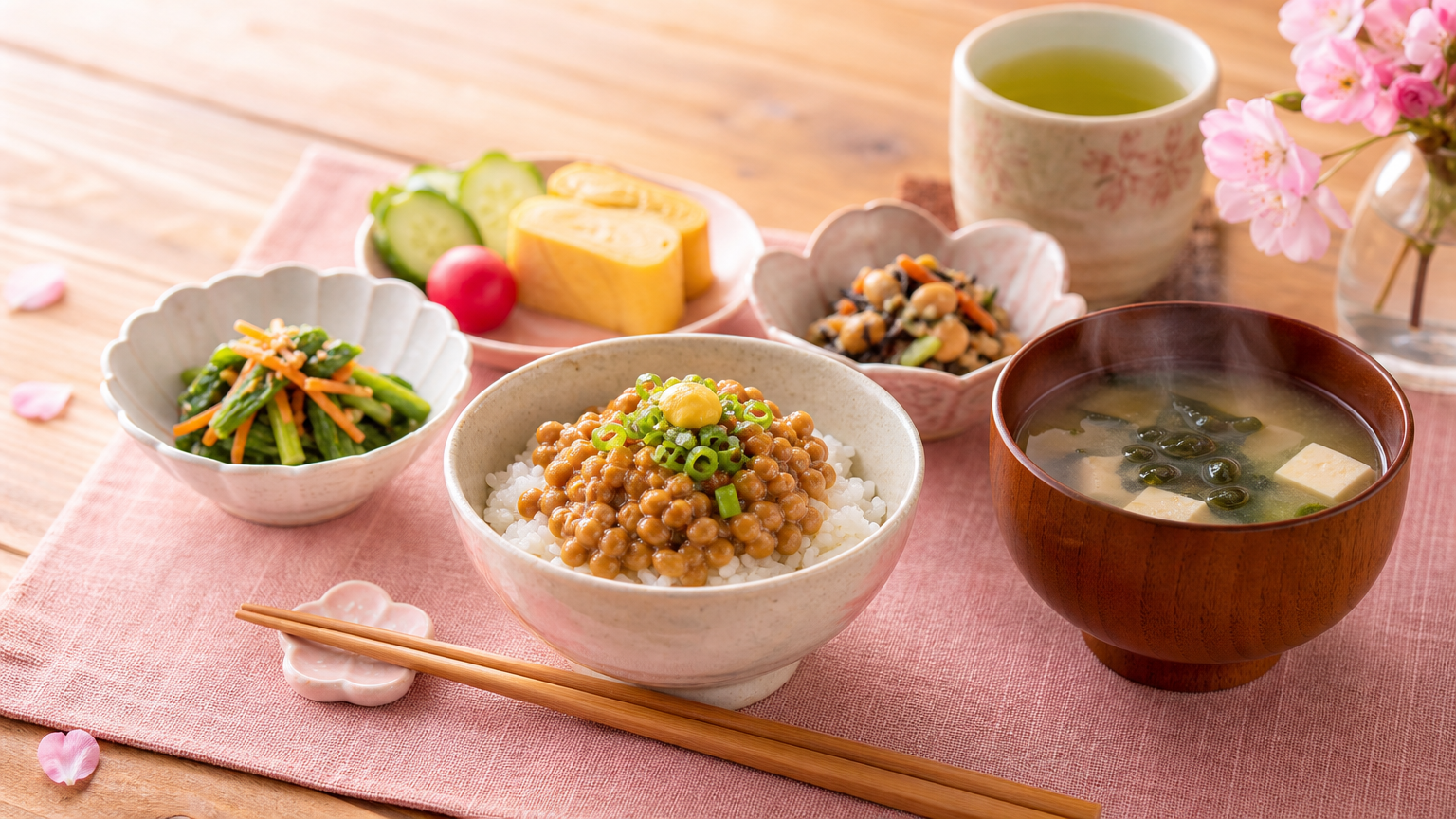 木製テーブルの上に盛り付けられた納豆ご飯と野菜の朝食セット、ピンクのランチョンマット