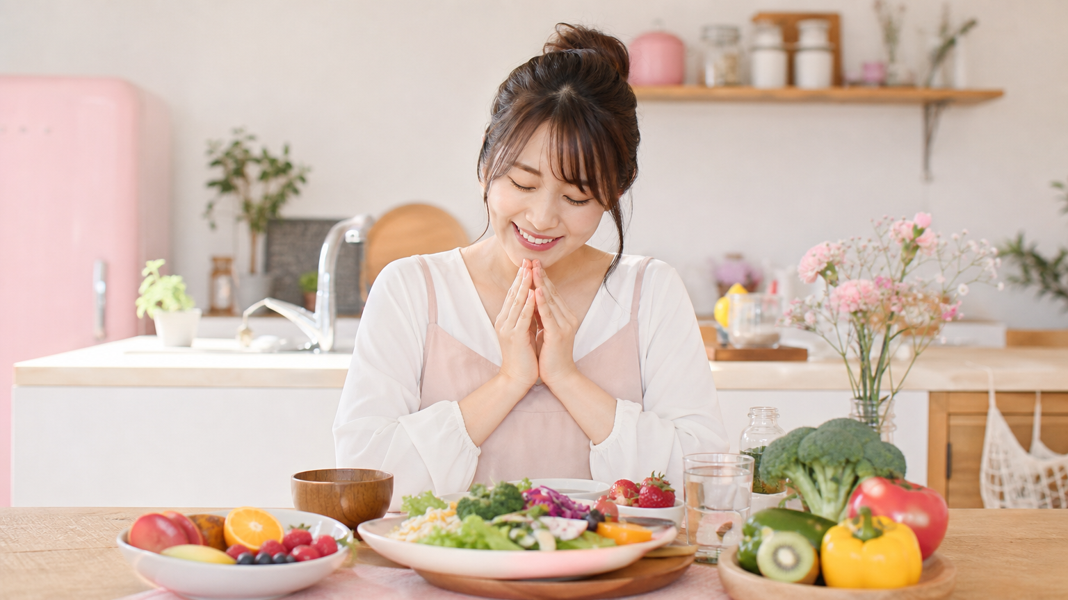 生理前の食欲に悩む女性がヘルシーな食事を前にほっとした表情で座っている様子
